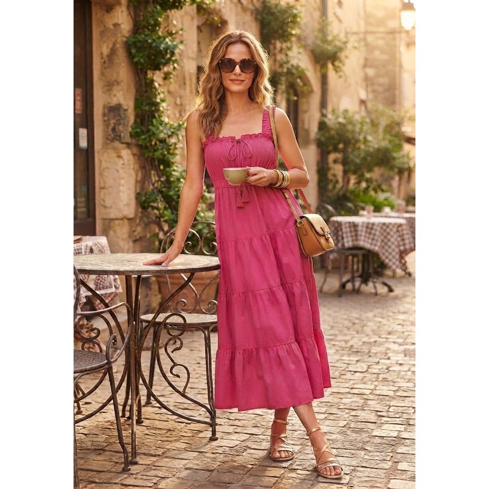 J.Crew Pink Cotton Tiered Maxi Dress Smocked Ruffle BK950 Fuchsia Small NWT